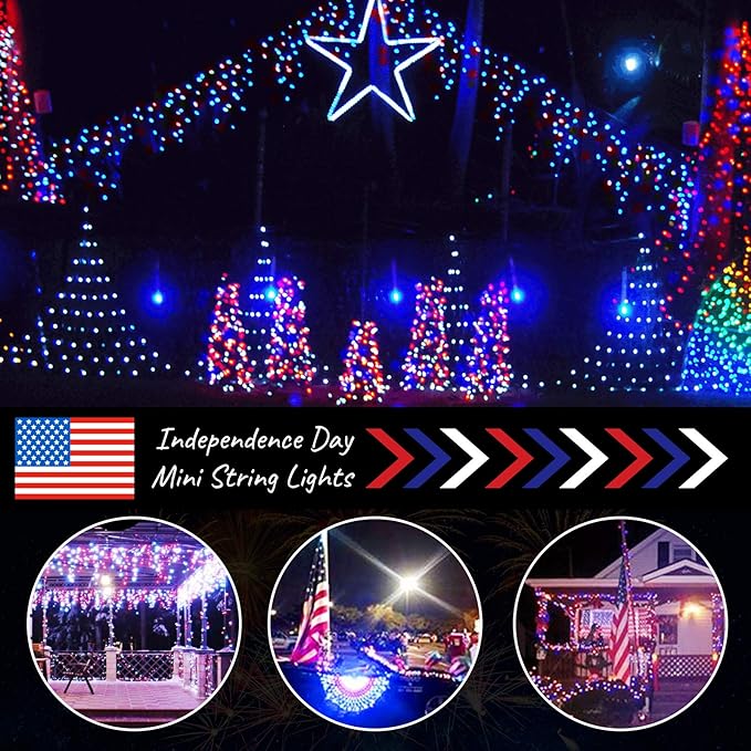 4th of July Decoration Patriotic Mini Lights - 200 Count 50 Feet Red White Blue Incandescent Bulb Waterproof String Lights Plug in for Indoor Outdoor Christmas Party Patio Independence Day Decoration