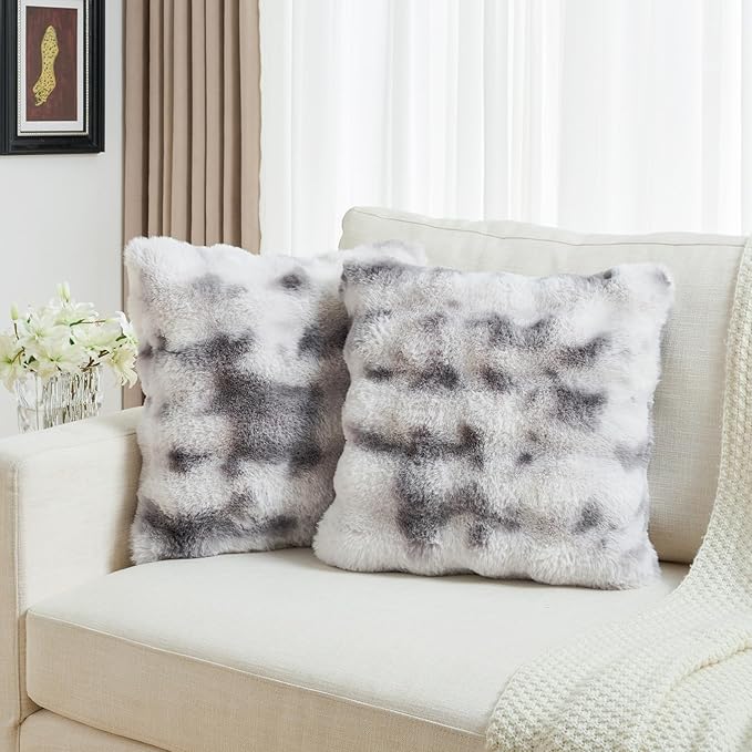 FUTEI Grey White Decorative Throw Pillow Covers 24x24 Inch Set of 2,Soft Fuzzy Faux Rabbit Fur European Cushion Covers with Raised Texture,Neutral Boho Home Decor for Couch Bed Living Room
