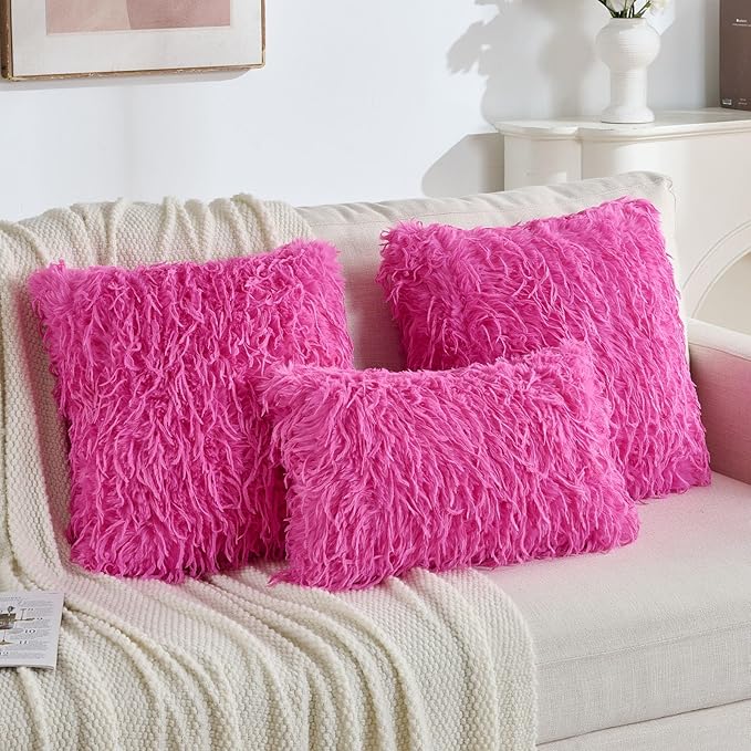 FUTEI Hot Pink Decorative Throw Pillow Covers 12x20 Inch Set of 2,Soft Fluffy Faux Feather Texture Lumbar Pillow Cases,Modern Home Luxury Decor for Couch Bed Living Room