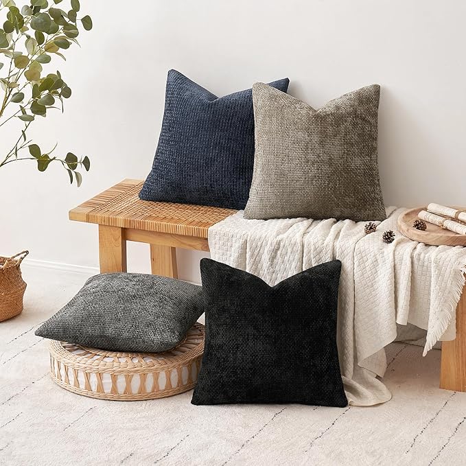 MIULEE Pack of 4 Couch Throw Pillow Covers 20x20 Inch Neutral Navy/Grey Soft Decorative Chenille Pillow Covers Farmhouse Accent Cushion Covers for Boho Home Decor Sofa Bedroom Living Room