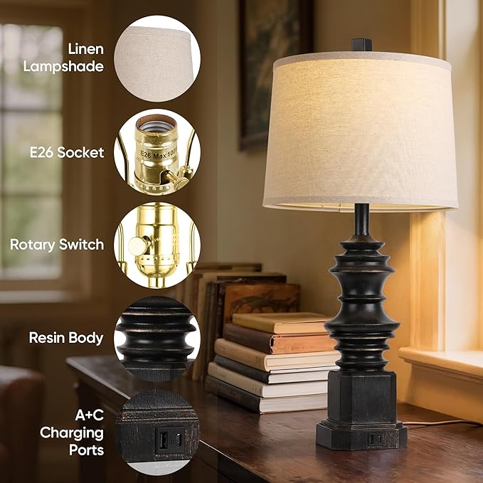 QiMH Table Lamps for Nightstand Set of 2, Bedside Lamp with USB A+C Charging Ports, Farmhouse Table Lamp with Linen Lampshade, Lamps for Living Room, Bedroom Lamps with LED Bulbs, Black