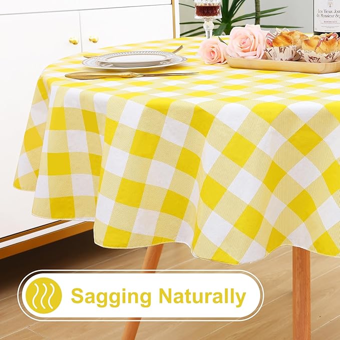 misaya Round Waterproof Vinyl Table Cloth, Buffalo Flannel Backed Tablecloth, Wipeable Plastic Table Cover for Dinner, Kitchen, Picnic (60", Yellow and White)