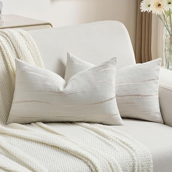 FUTEI Cream Chenille Decorative Throw Pillow Covers 12x20 Inch Set of 2,Soft Embossed Striped Textured Lumbar Pillow Cases,Modern Home Decor for Couch Bed Living Room