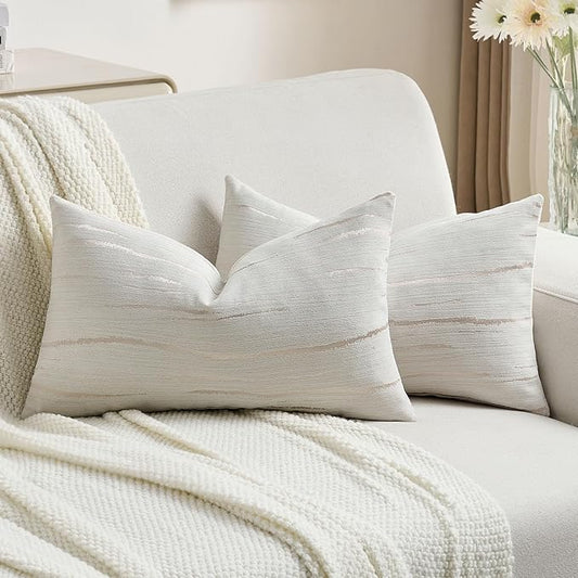 FUTEI Cream Chenille Decorative Throw Pillow Covers 12x20 Inch Set of 2,Soft Embossed Striped Textured Lumbar Pillow Cases,Modern Home Decor for Couch Bed Living Room
