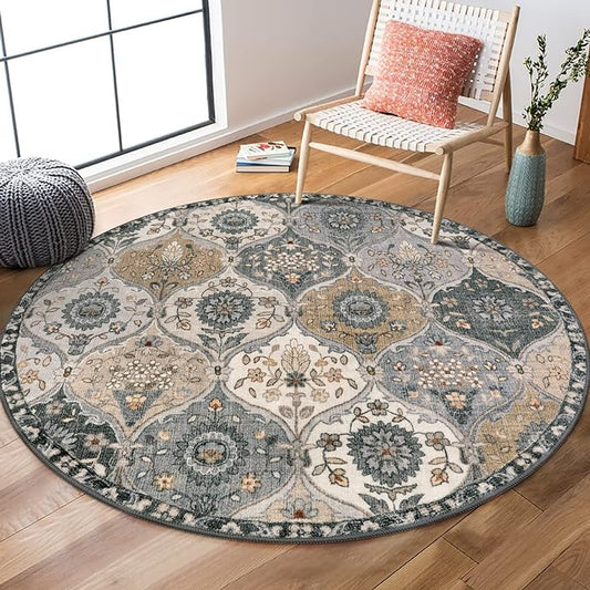Lahome Moroccan Trellis Washable Round Rugs, Non-Slip Soft Round Rug 4ft Ultra-Thin, Small Vintage Circle Carpet for Entryway Kitchen Bedroom Nursery Bathroom, Grey