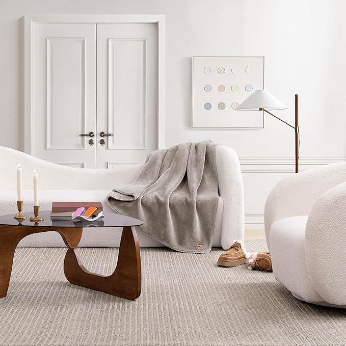 UGG Whitecap Plush Throw Blanket Fleece Lightweight Soft Throw for Couch or Bed Luxury Home Decor for Living Room Washable Hypoallergenic Blankets for Dorm Decor, 50-inch x 70-inch, Light Grey Seal