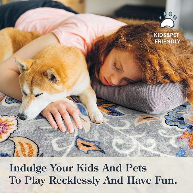 Lahome Floral Hallway Runner - 2x6 Washable Non-Slip Kitchen Runner Rug, Throw Lightweight Soft Bathroom Runner Rug Grey Paisley Print Indoor Carpet Runner for Entrance Bedroom Laundry Living Room