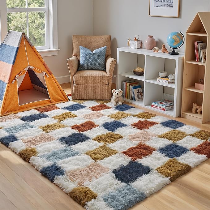 Checkered Rug 3x5 for Living Room, Modern Rainbow Shag Rug Super Soft Washable Indoor Fuzzy Carpet Non-Slip Fluffy Rugs for Bedroom Home Aesthetic Decor