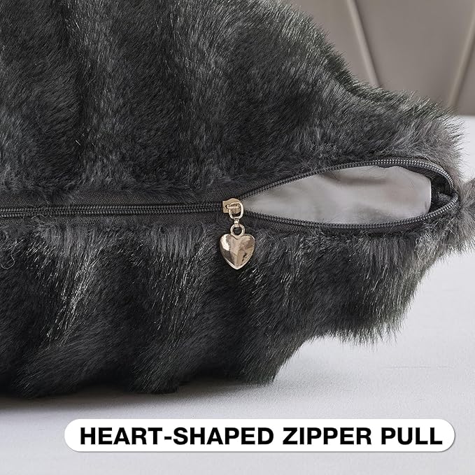 FUTEI Dark Grey Pink Decorative Throw Pillow Covers 12x20 Inch Set of 2,Soft Fluffy Faux Mink Fur Dyeing Striped Textured Lumbar Pillow Case,Modern Home Decor for Couch Bed Living Room