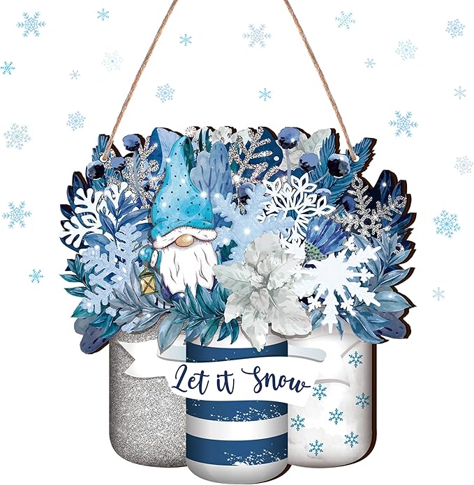 Spiareal Winter Welcome Sign Wood Blue Mason Jar Front Door Decor Winter Wooden Hanging Wreath Outdoor Front Door Decorations for Farmhouse Porch Decoration (Blue Mason Jar Style)