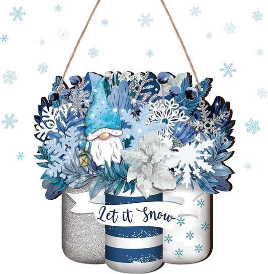 Spiareal Winter Welcome Sign Wood Blue Mason Jar Front Door Decor Winter Wooden Hanging Wreath Outdoor Front Door Decorations for Farmhouse Porch Decoration (Blue Mason Jar Style)