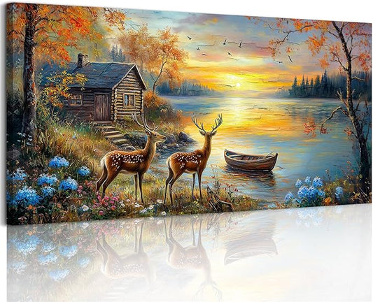 crmotu Autumn Landscape Wall Art, Elk Deer Animal Extra Large Canvas Painting, Lake Boat Sunset Scenery Art Prints, Forest Cottage Rustic Farmhouse Wall Decor Living Room Bedroom Dining Room 30X60 In