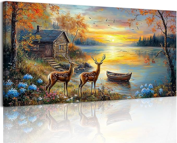 crmotu Rustic Deer Landscape Wall Art, Lake Cottage Pastoral Large Artwork, Nature Autumn Scenery Canvas Prints, Rural Sunset Wall Pictures for Living Room Bedroom Farmhouse Bathroom Decor 24X48 In