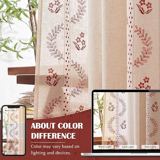 jinchan Belrose Linen Curtains for Bedroom Floral Curtains 63 Inch Length Linen Blend Burgundy Red Embroidered Drapes Farmhouse Flower Patterned Drapes for Living Room Window Treatments Set 2 Panels