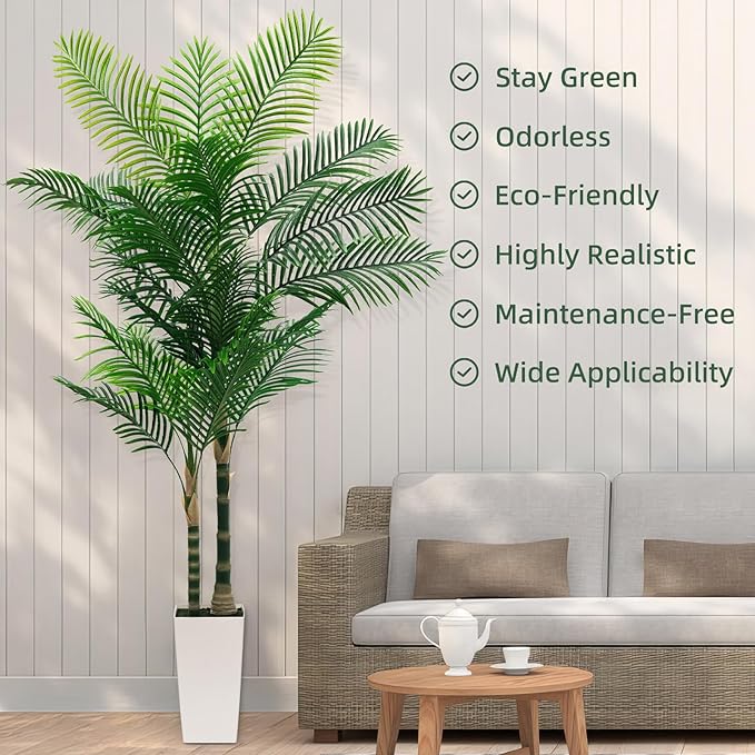 7ft Artificial Golden Cane Palm Tree with LED Fairy Lights & White Tall Planter-Lifelike Faux Tropical Palm with Realistic Trunk and Palm Leaves for Indoor Home Office Living Room Corner Decor