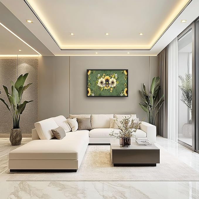 Flintis Large Bee Wall Art Bee Sunflower Pictures Wall Decor Abstract Animal Canvas Painting Print Artwork Decoration Framed for Living Room Bathroom Master Bedroom Office Dining Room 36L x 24W