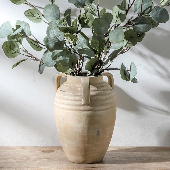 Ceramic Flower Vase Home Decor - Farmhouse Flower Vases Rustic Vintage Style Aesthetic Modern for Table Living Room Kitchen Bedroom Decoration House Desk Decorative Accessories Gift (Clay)