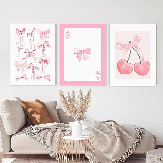 WRFON Trendy Pink Bows Canvas Wall Art, Vintage Preppy Cherry Poster Prints, Pink Watercolor Bows Wall Decor, Coquette Girly Room Aesthetic Pictures for College Apartment Bedroom Framed 12"x16"x3