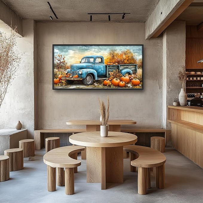 Olivine Fall Large Wall Art, Pumpkin Pictures Wall Decor, Truck Painting, Country Autumn Canvas Prints, Framed Artwork for Dining Room Living Room Bedroom Bathroom Office Home Decor 60"x30"