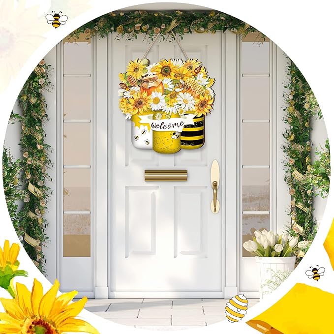 Spiareal Bee Welcome Yellow Hanging Front Door Summer Decorations for Home Hanger Wooden Sign Farmhouse Wall Bright Porch Decoration Art Wreaths for Front Door Outside All Season