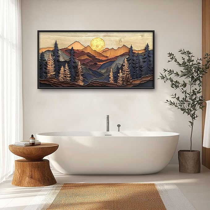 Mountain Large Wall Art for Living Room Framed, Cabin Wall Decor Pictures, Nature Scenery Pine Forest Landscape Canvas Print Painting, Aesthetic Artwork Bedroom Office Home Decor 60"x30"