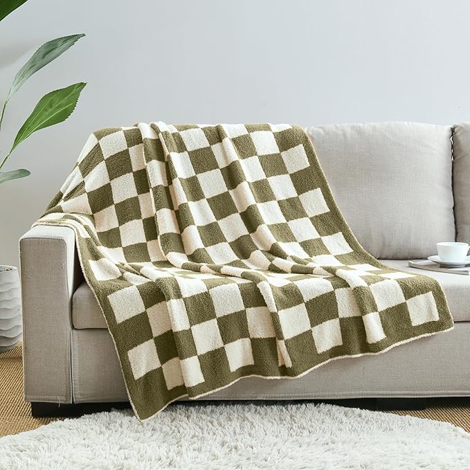 CozeCube Checkered Blanket, Ultra Soft Cozy Olive Green and White Throw Blanket, Warm Cozy Knit Fuzzy Plush Checkerboard Throw for Couch Bed Sofa, 50"x60"