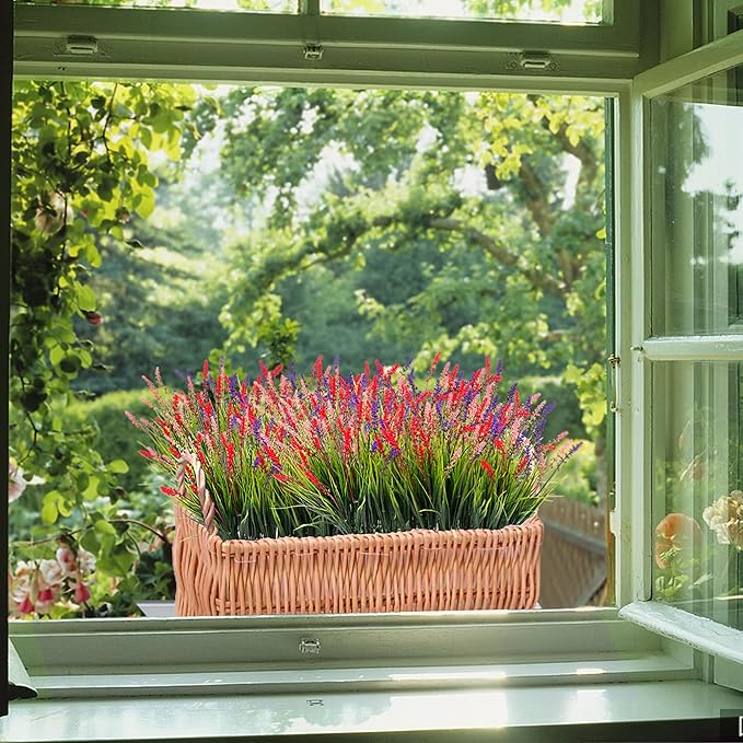 Artificial Faux Plants Flowers for Outdoor Decorations, Fake Monkey Grass for Outside Porch Patio, No Fade Realistic Greenery Plant, UV Resistant Artificial Bush Shrubs for Courtyard Window Garden