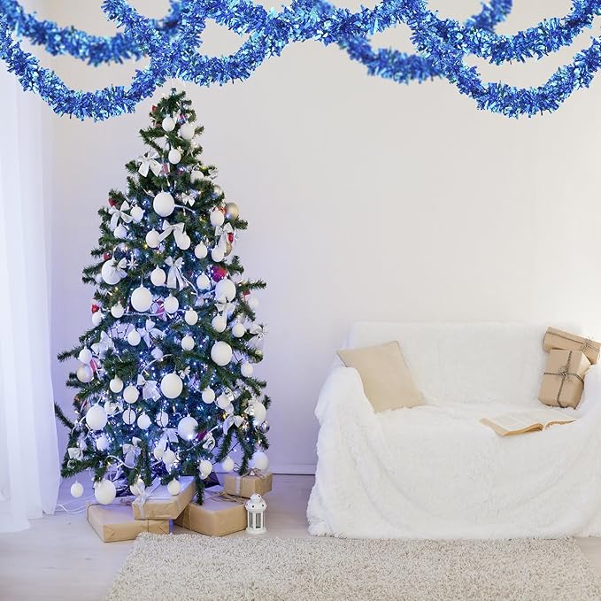 Dingion 59 Feet Christmas Tinsel Garland Metallic Twist Ornaments Hanging Glitter Xmas Garland for Christmas Tree Indoor Outdoor Decoration Party Supplies(Light Blue, Dark Blue)