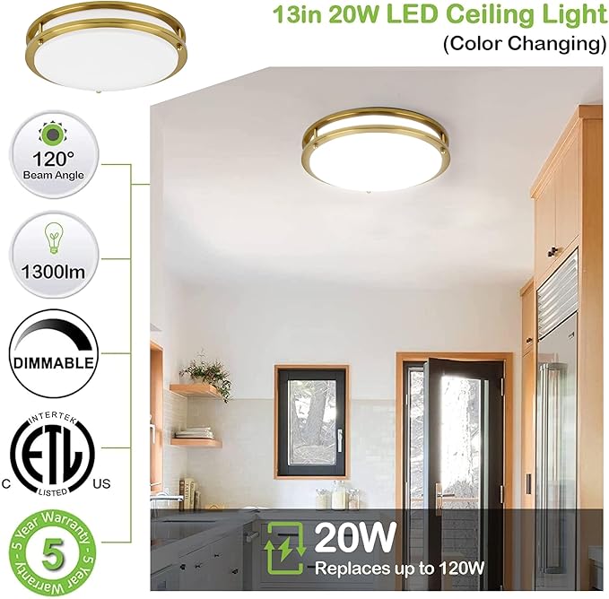 hykolity 13 inch Flush Mount LED Ceiling Light Fixture, 2700K/3000K/3500K/4000K/5000K Adjustable Ceiling Lights, Gold Saturn Dimmable Lighting for Hallway Bathroom or Kitchen ETL Listed 1Pack