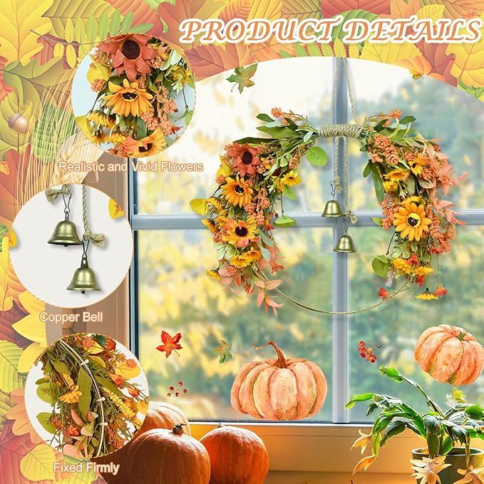 Fall Leaves Wreaths for Front Door Fall Half Wreath with Bell Artificial Falls Sunflowers Wreath with Mixed Leaves, Autumn Hoop Wreaths for Thanksgiving Window Home Wall Farmhouse Outdoor Indoor Décor