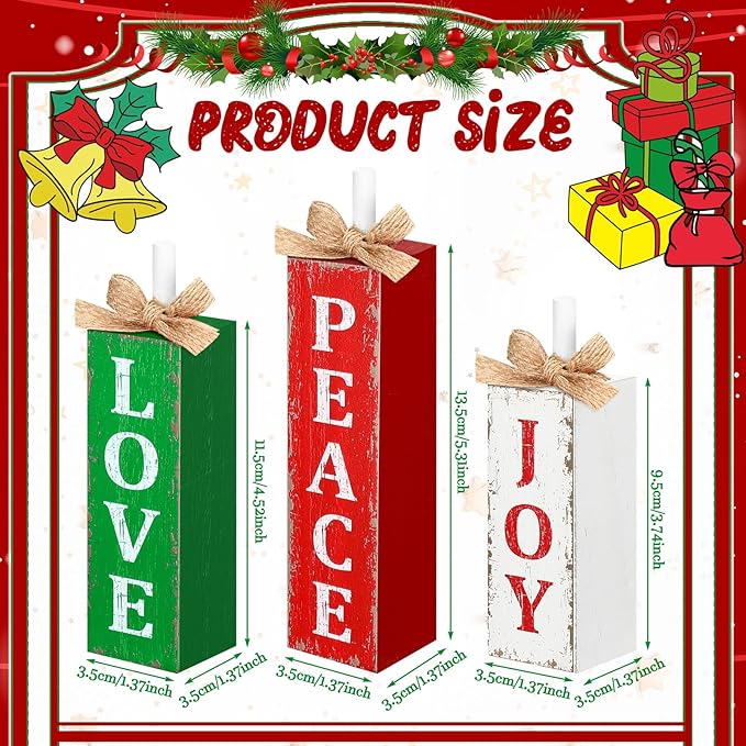 3 Pcs Christmas Tiered Tray Decor Christmas Tabletop Decor Rustic Farmhouse Wooden Table Block Sign and Centerpieces Joy Peace Love Sign for Xmas Home Shelf Kitchen Decorations