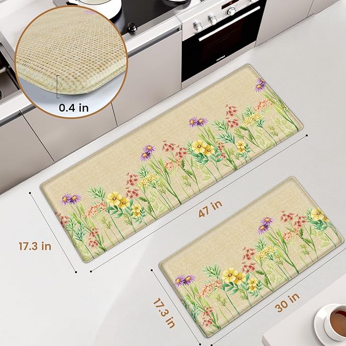Kitchen Mats for Floor, 2-Piece Anti-Fatigue Waterproof Kitchen Rugs for Apartment Decor, Easy-Clean Standing Mat with Non-Slip Back for Home, Office, Laundry (17.3"×47" +17.3"×30")