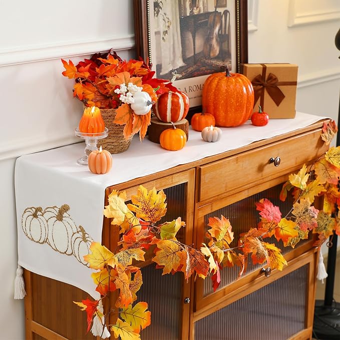 Breling Thanksgiving Fall Pumpkin Table Runner Thanksgiving Pumpkin Rectangle Table Runner Fall Autumn Harvest Decoration for Kitchen Dining Home Dinner Party 13x72 Inch(White)