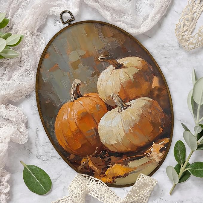 Gnmduw Vintage Fall Pumpkin Oval Wall Art Framed,Fall Cottagecore Pumpkin Canvas Prints Hanging Decor,Retro Thanksgiving Fall Farmhouse Wall Decor for Farmhouse Living Room Bedroom, 8.7x11.3 In