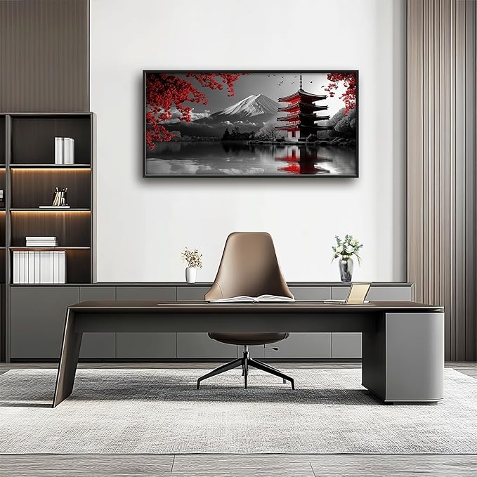 Olivine Japan Large Wall Art, Black And White Pictures Wall Decor, Landscape Paintings, Mountain Canvas Prints, Framed Artwork for Dining Room Bedroom Living Room Office Bathroom 60"x30"