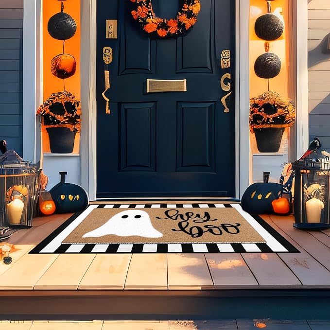 2 Pcs Halloween Doormat Hey Boo Ghost Outdoor Welcome Mats for Front Door Non Slip Ghost Coir Floor Mat Black White Stripe Halloween Rug for Outside Front Porch Entryway Decor