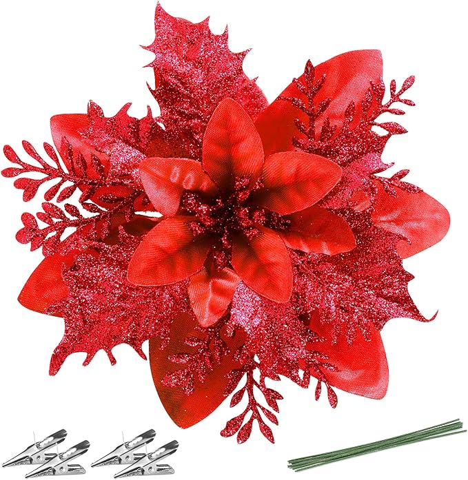 Christmas Poinsettia Artificial Flowers Decorations 5.5" Christmas Tree Wreaths Garland Decoration 12 Pcs Glitter Flowers Picks Decor for Xmas New Year Wedding Party Ornaments (Red)
