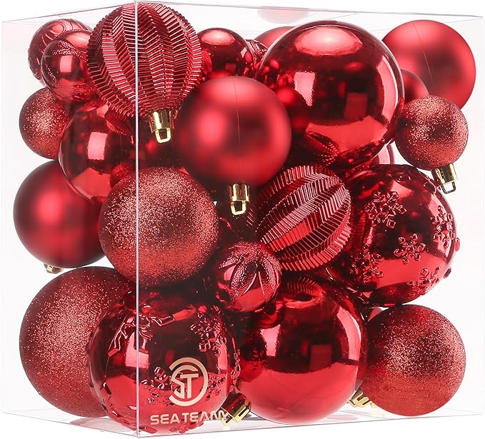Sea Team 36-Pack Shatterproof Plastic Christmas Ball Ornaments Set, Multi-Size Christmas Baubles, Hanging Decorations for Xmas Tree, Wreath, Garland, (1.57-3.15 Inches, Red)