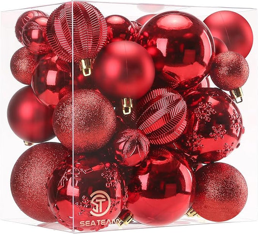 Sea Team 36-Pack Shatterproof Plastic Christmas Ball Ornaments Set, Multi-Size Christmas Baubles, Hanging Decorations for Xmas Tree, Wreath, Garland, (1.57-3.15 Inches, Red)