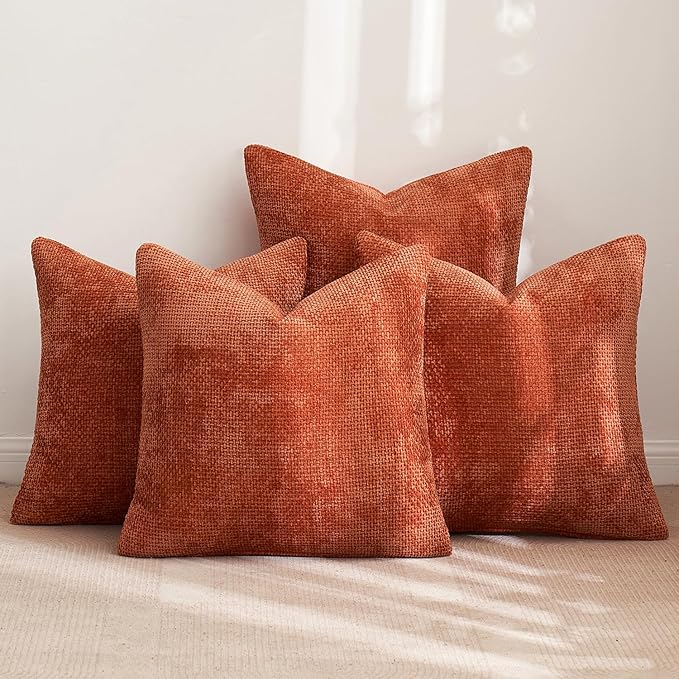 MIULEE Fall Pack of 4 Couch Throw Pillow Covers 20x20 Inch Burnt Orange Soft Decorative Chenille Pillow Covers Farmhouse Accent Cushion Covers for Boho Home Decor Sofa Bedroom Living Room