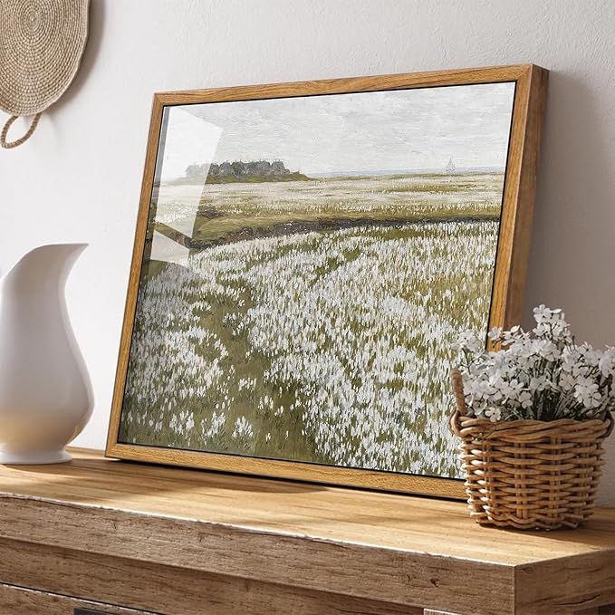 KBKBART Framed Vintage Wall Art Prints, Retro Countryside Flower Field Nature Wilderness Canvas Painting Farmhouse Decor Wall Art, Rustic Landscape Wall Decor for Bathroom, Bedroom Living Room,