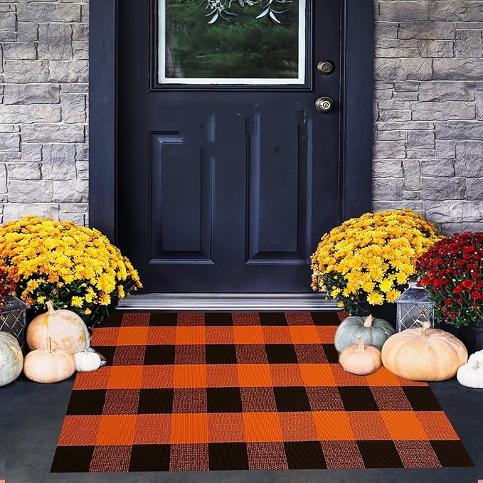 SEEKSEE Cotton Buffalo Plaid Rug 27.5"x43" Orange and Black Checked Rug Washable Doormats Indoor Outdoor Rugs for Layered Front Door Mats, Porch, Kitchen, Farmhouse, Entryway