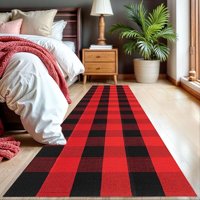 KOZYFLY Buffalo Plaid Rug 2x8 Ft Runners for Hallways Washable Checkered Rug Red and Black Christmas Rugs Woven Cotton Kitchen Fall Rug Halloween Decor for Hallway Kitchen Living Room