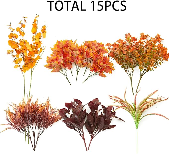 PARTY JOY 15 Bunches Artificial Fall Flowers Faux Fake Orchid Autumn Plants Flowers for Outdoors Thanksgiving Autumn Decor Decorations for Home
