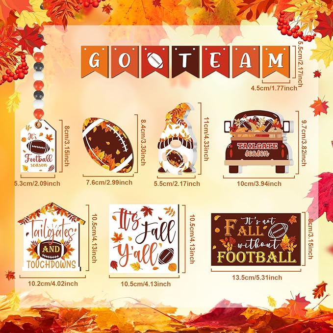 Sumind 15 Pcs Fall Tiered Tray Decor Set Fall Decorations for Home Autumn Wood Signs Thanksgiving Orange Brown Table Signs Farmhouse Wooden Maple Pumpkin Gnomes Tabletop for Festival(Football)