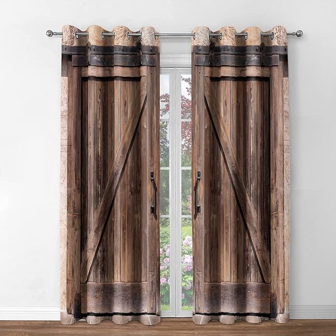 Jekeno Rustic Wood Blackout Curtains Vintage Wooden Barn Door Farmhouse Home Bedroom Living Room Decor Brown Grommet Window Drapes 2 Panel Set, 42"x54"