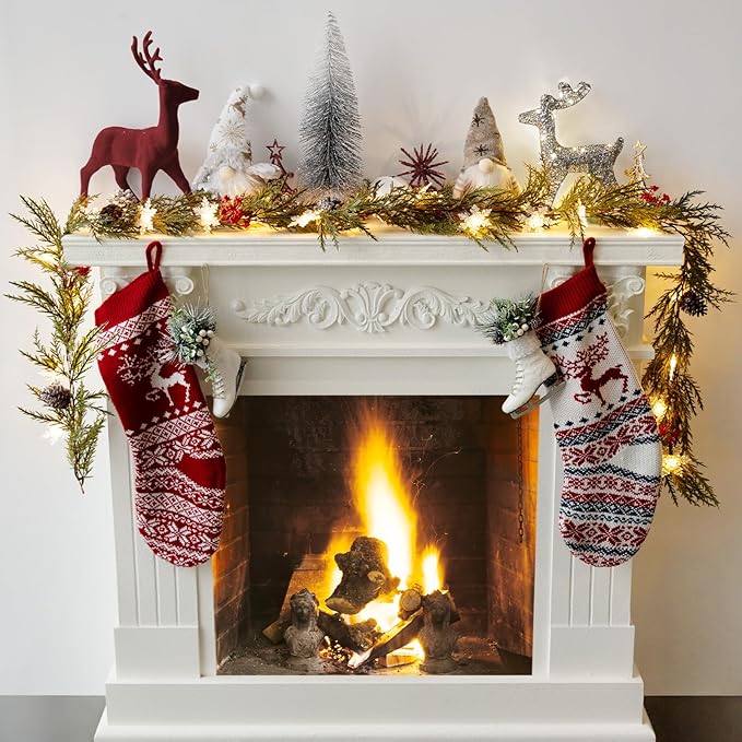 6FT Christmas Garland with Lights, Christmas Decor Pre-lit Artificial Pine Garland with Battery Operated, Decorations Indoor Outdoor Home Holiday Garland for Mantel Window Stairs