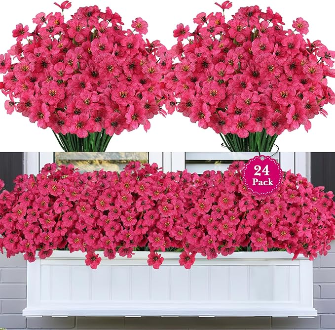 24 Bundles Artificial Flowers for Outdoors, Realistic Fake Silk Flowers for Outside Decoration, No Fade Faux Plants Outdoor Planter Window Box Porch Patio Decor(Rosy red)
