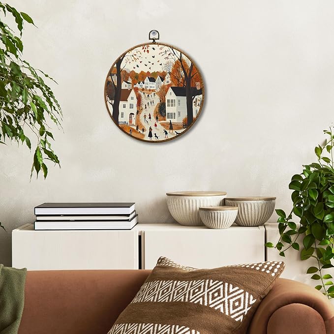 JUIOEIU Fall Round Wall Decor, Cozy Autumn Cityscape Seasonal Framed Canvas Prints, Fall Wall Art Hanging Decorations for Home Bedroom Living Room Office Decor, 10x10in