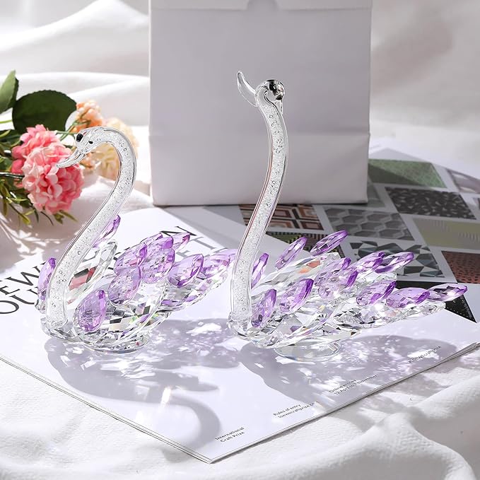 Set of 2 Crystal Purple Swans Figurines, Anniversary Wedding Gifts for Women, Mom, Couple, Glass Swan Collectibles Birthday Presents Keepsake for Parents Home Decor, 6.5in Gift Boxed